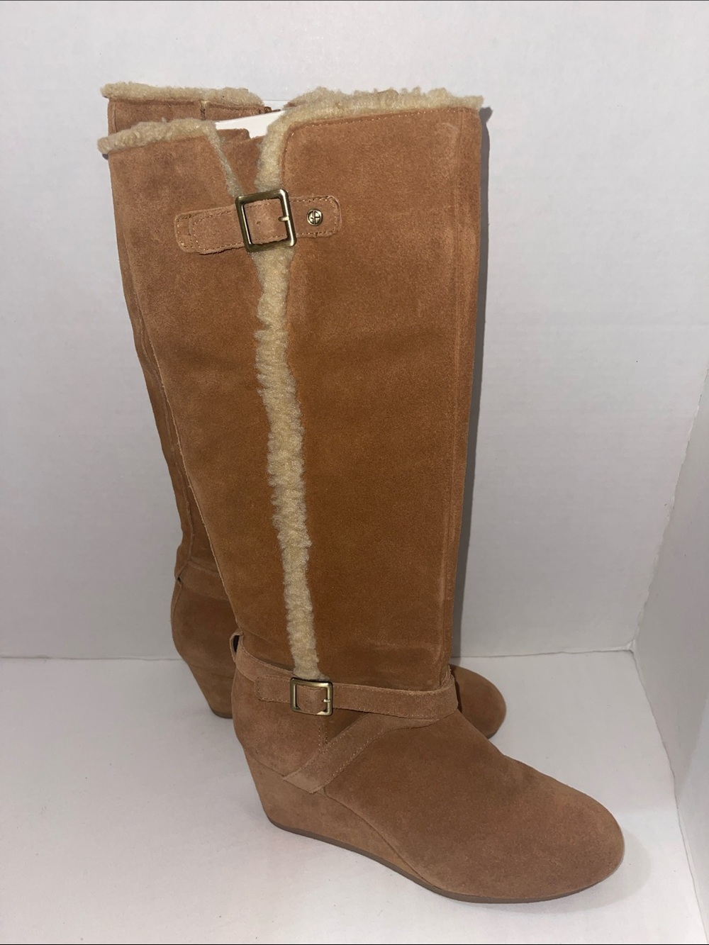 Giani Bernini Pippie Tan Suede Shearling Wedge Tall Boots Size 8M
